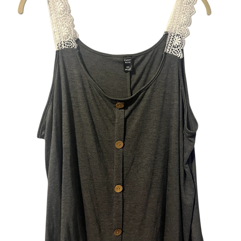 Emery Rose Charcoal tank top with Lace Straps decorative buttons on front.
